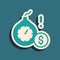 Green Bomb with a explosive burning fuse and the dollar currency icon isolated on green background. Economic crisis and