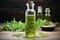 green botanicals infusion in a glass gin bottle