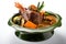 A green bowl filled with meat and vegetables. AI generative image. Philippines food Philippines food