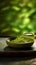 Green bowl is filled with variety of herbs, including parsley. The bowl sits on top of table or countertop