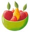 Green bowl of fruits, apples, citrus, oranges, pear, leaves, food