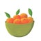 Green bowl of orange fruits, oranges, citrus, leaves, food