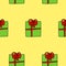 Green box with a gift tied with a red ribbon, seamless pattern doodle