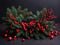 Green Branches and Red Christmas Balls Background Digital Template Red Design - ai generated