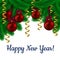 Green branches of trees with hanging red confetti and toys round. Happy new year. greeting card with Christmas decor fir twigs