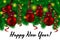 Green branches of trees with hanging red confetti and toys round. Happy new year. greeting card with Christmas decor fir twigs