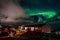 Green bright northern lights hidden by the clouds over the Inuit village at the fjord, Nuuk city, Greenland