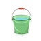 A green bucket with a red handle full of water