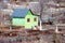 A green building for life, a poor green house among an iron fence and autumn trees