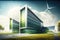 green building, with solar panels and wind turbines, bringing clean energy and reducing emissions