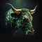 Green bull head on black background. Market, crypto currency or stocks trading concept