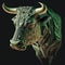 Green bull head on black background. Market, crypto currency or stocks trading concept. AI