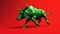 A green bull made out of polygon shape in 3d flying on a red background, Bull run or bullish market