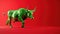 A green bull made out of polygon shape in 3d flying on a red background, Bull run or bullish market