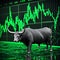 Green bull surrounded by green charts with trading background