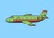 Green business jet aircraft, airplane. Flat vector illustration. Isolated on blue background