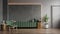 Green cabinet TV in modern living room with armchair and plant on concrete wall background