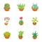 Green cactus icons set, cartoon style