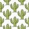 Green cactus in the soil seamless pattern. Hand drawn vector illustration. Flat cartoon style.