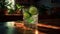 Green Caipirinha Cocktails with two Lemons Blurred Background