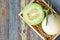 Green cantaloupe melon in wood box