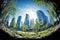 green car free city concept, sustainable city with trees and park, fisheye illustration