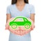 Green car insurance woman showing open hands. Eco friendly environment electric hybrid auto insurance concept
