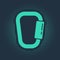 Green Carabiner icon isolated on blue background. Extreme sport. Sport equipment. Abstract circle random dots. Vector