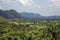 Green caribbean valley with small cuban houses and mogotes hills landscape panorama, Vinales, Pinar Del Rio, Cuba