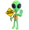 Green Cartoon Alien Construction worker holding a slow sign