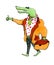 green cartoon crocodile in a white shirt with a tie and in a jacket with a briefcase in his hands catches a taxi