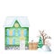 Green Cartoon Winter House with wooden fence and Bullfinch bird couple, snowdrifts, Christmas tree. Front view