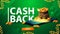 Green cashback banner with a bag of gold coins lying on the smartphone screen