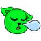 The green cat`s head is sleeping snoring, doodle icon drawing