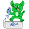 The green cat is sitting on the fish box wants to eat it, doodle icon image kawaii