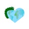 The green caterpillar crawls across the globe. A globe in the shape of a heart. World environment day.