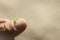 Green caterpillar on the finger. A small caterpillar crawls along the arm. Human and nature.