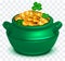 Green cauldron full of gold coin on transparent background. Clover four leaf symbol St. Patrick s Day