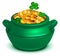 Green cauldron pan full of gold coins. Lucky clover quatrefoil symbol st patricks day