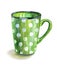 Green ceramic mug with polka dots, watercolor illustration on white background, isolated with clipping path