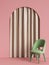 Green chair in moderne style in pink room with arc and curtain