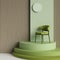 Green chair in moderne style on stand.Wall in green colors with wooden planks