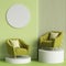 Green chairs in moderne style on stand.Wall in green colors with white planks