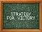 Green Chalkboard with Hand Drawn Strategy for Victory.