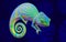 Green chameleon on blue branch, 3d rendering. View side