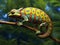 Green chameleon resting on branch. AI generated