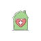 Green charity house icon with cross inside pink heart.