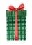 A green checkered box with a lid and a red lush bow tied with a ribbon. Holiday gift box Christmas present. Hand drawn