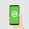 Green checkmark on smartphone screen. Hand holding smartphone.