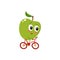Green cheerful smiling apple riding a bicycle